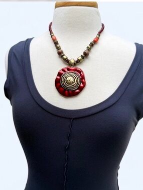 Vintage Costume Red Flower Pendant Necklace with Brass Accents